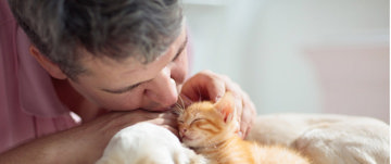 man kissing orange small cat